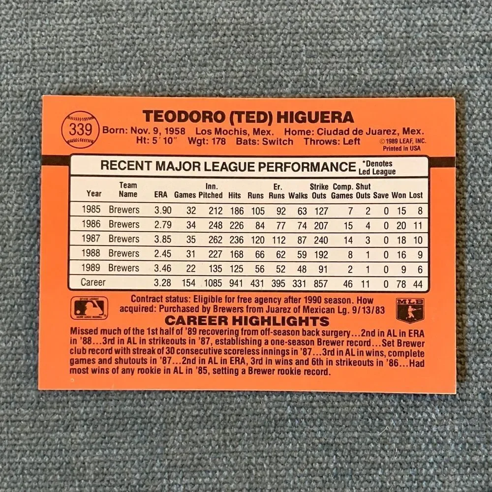 1990 Donruss Milwaukee Brewers Baseball Card Trading Card